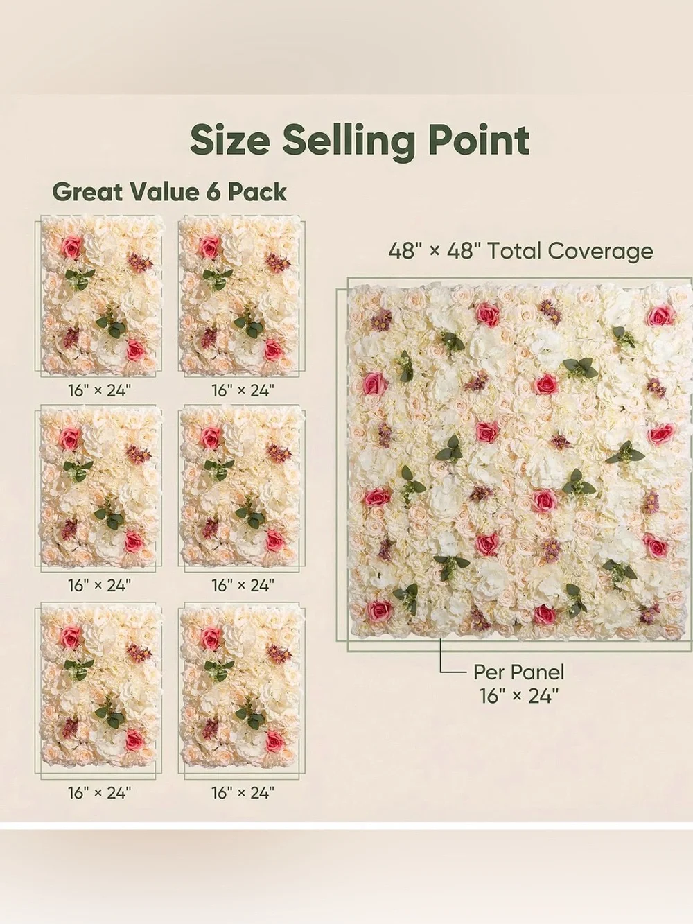 Flower Wall Backdrop 6 Panels 16×24”Champagne Rose 3D design Realistic Look